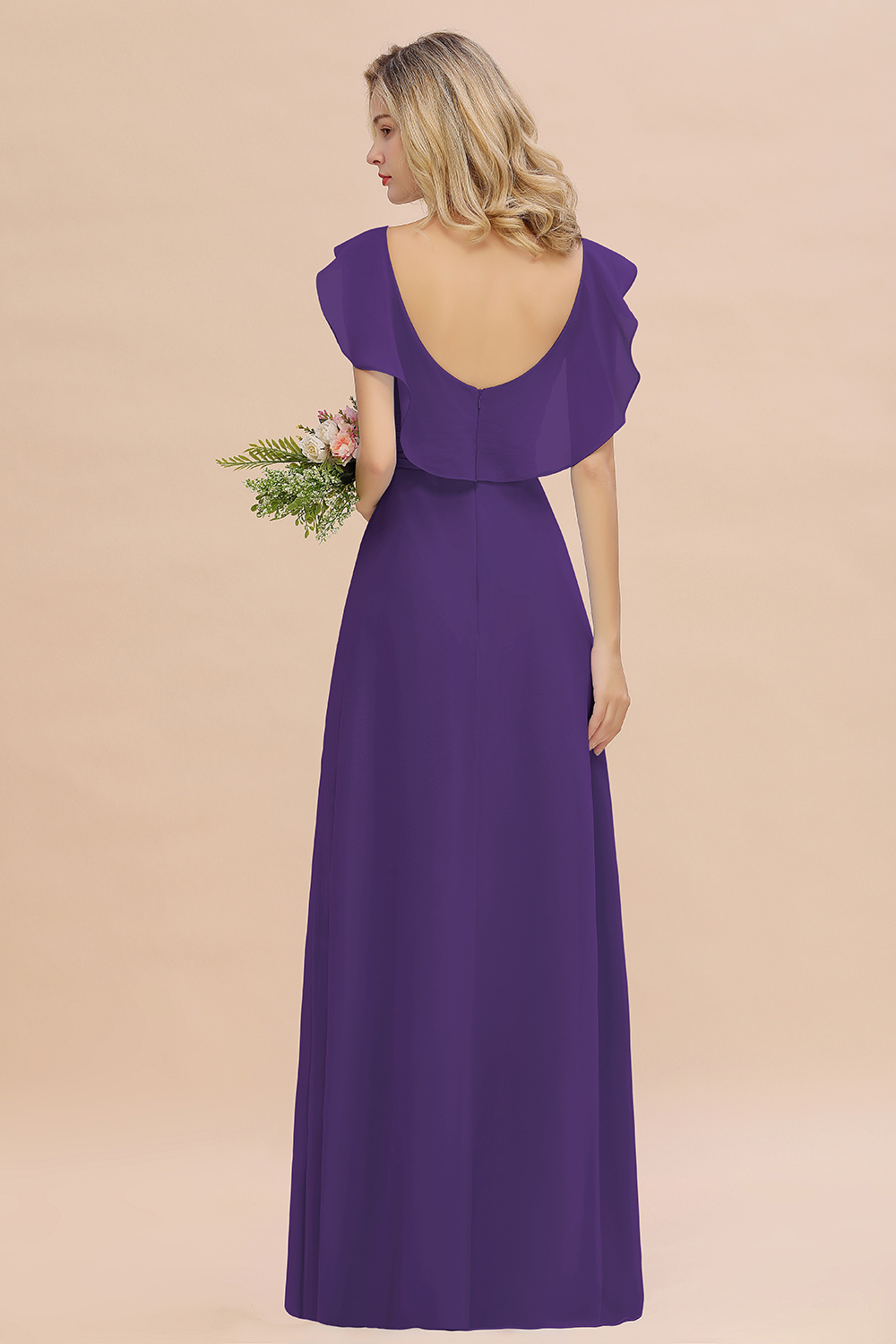Simple High Low A-line V-Neck Ruffles Chiffon Regency Bridesmaid Dress