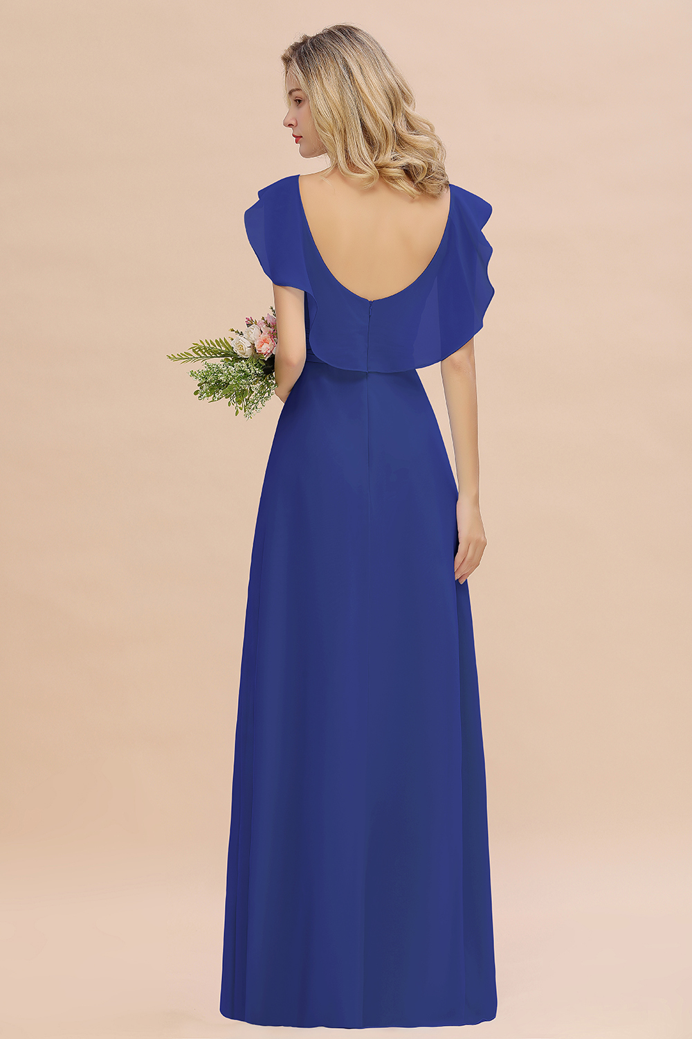 Simple High Low A-line V-Neck Ruffles Chiffon Royal Blue Bridesmaid Dress