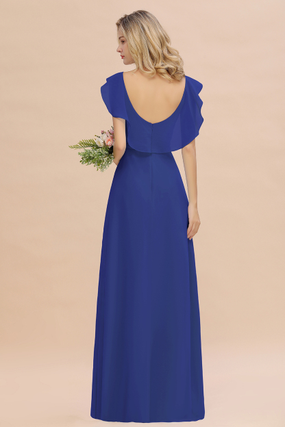 Simple High Low A-line V-Neck Ruffles Chiffon Royal Blue Bridesmaid Dress