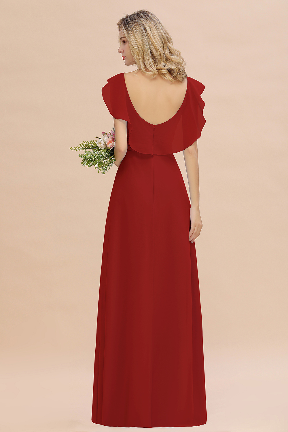 Simple High Low A-line V-Neck Ruffles Chiffon Rust Bridesmaid Dress