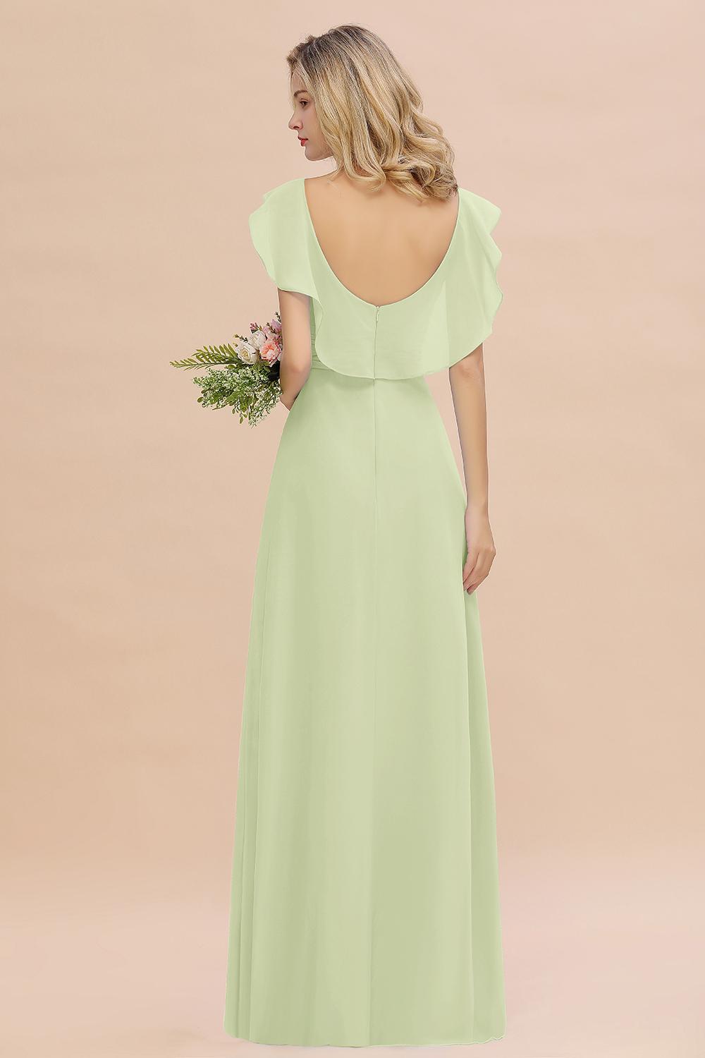Simple High Low A-line V-Neck Ruffles Chiffon Sage Bridesmaid Dress