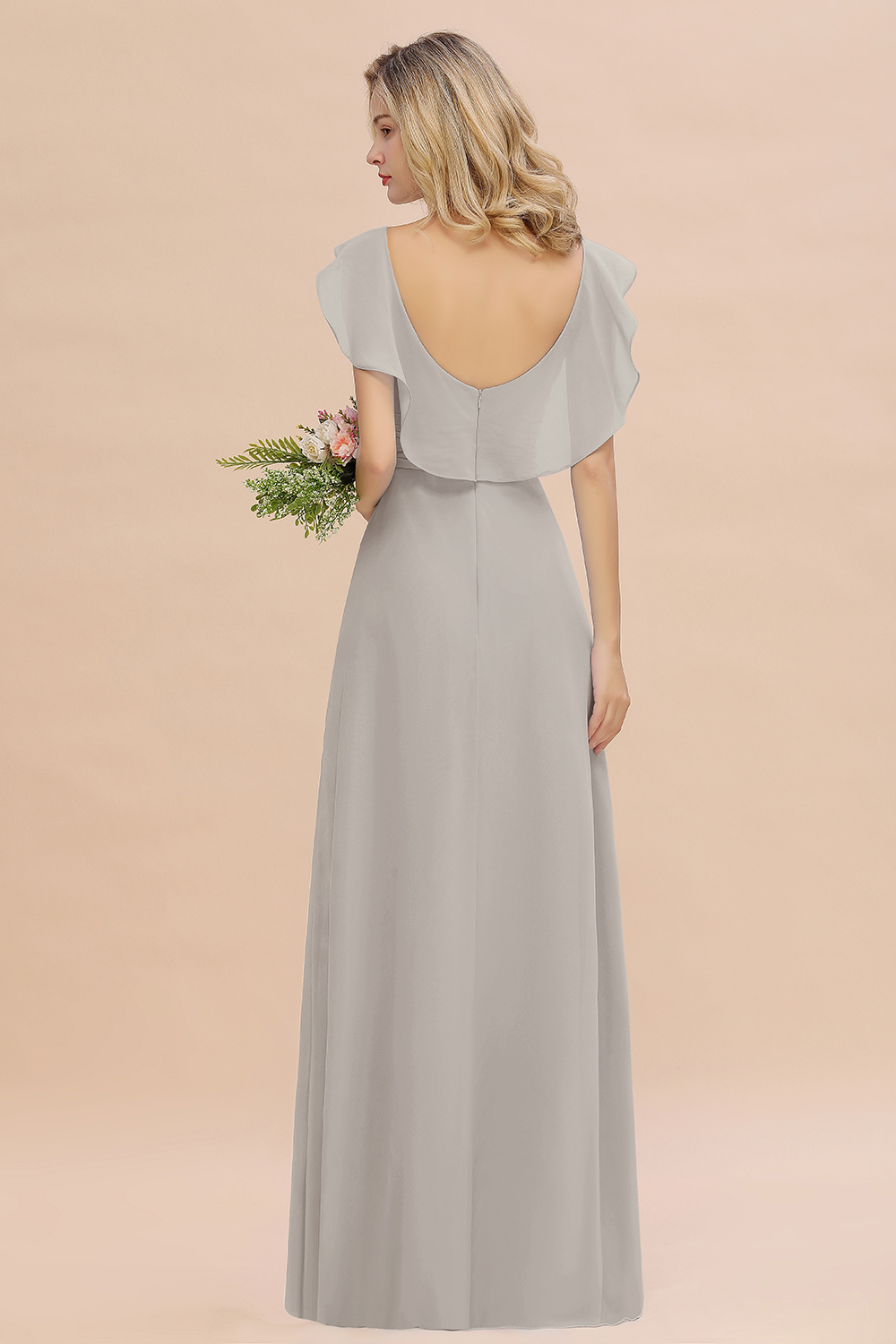 Simple High Low A-line V-Neck Ruffles Chiffon Silver Bridesmaid Dress