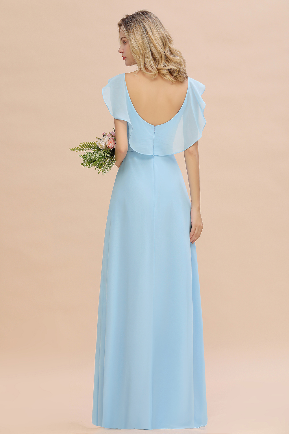 Simple High Low A-line V-Neck Ruffles Chiffon Sky Blue Bridesmaid Dress