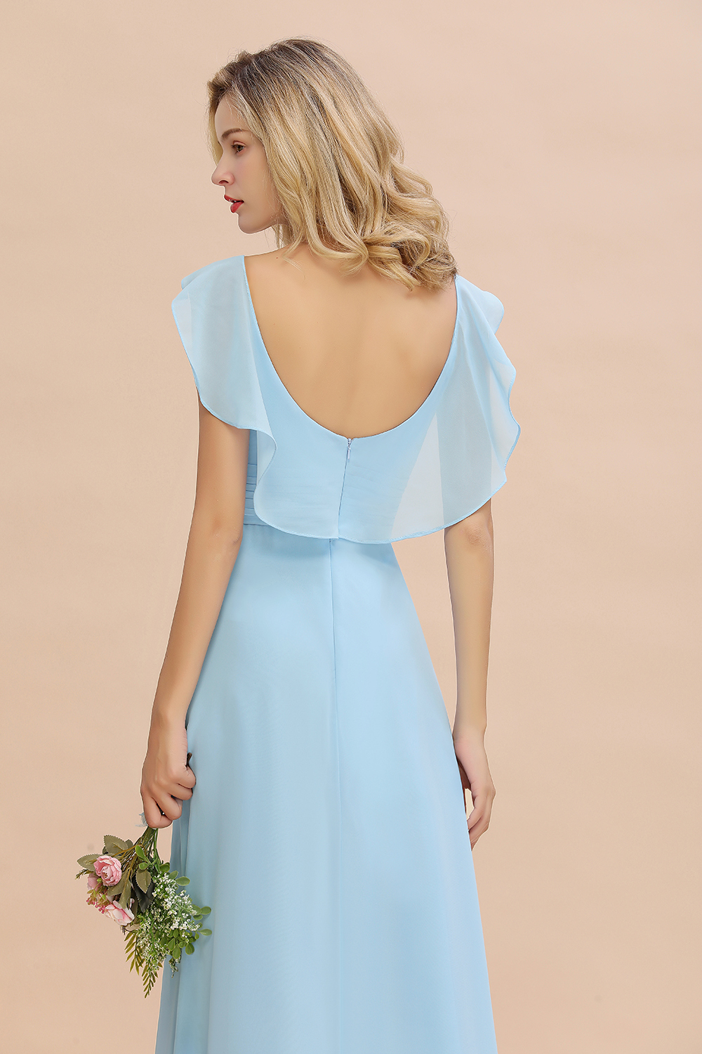 Simple High Low A-line V-Neck Ruffles Chiffon Sky Blue Bridesmaid Dress