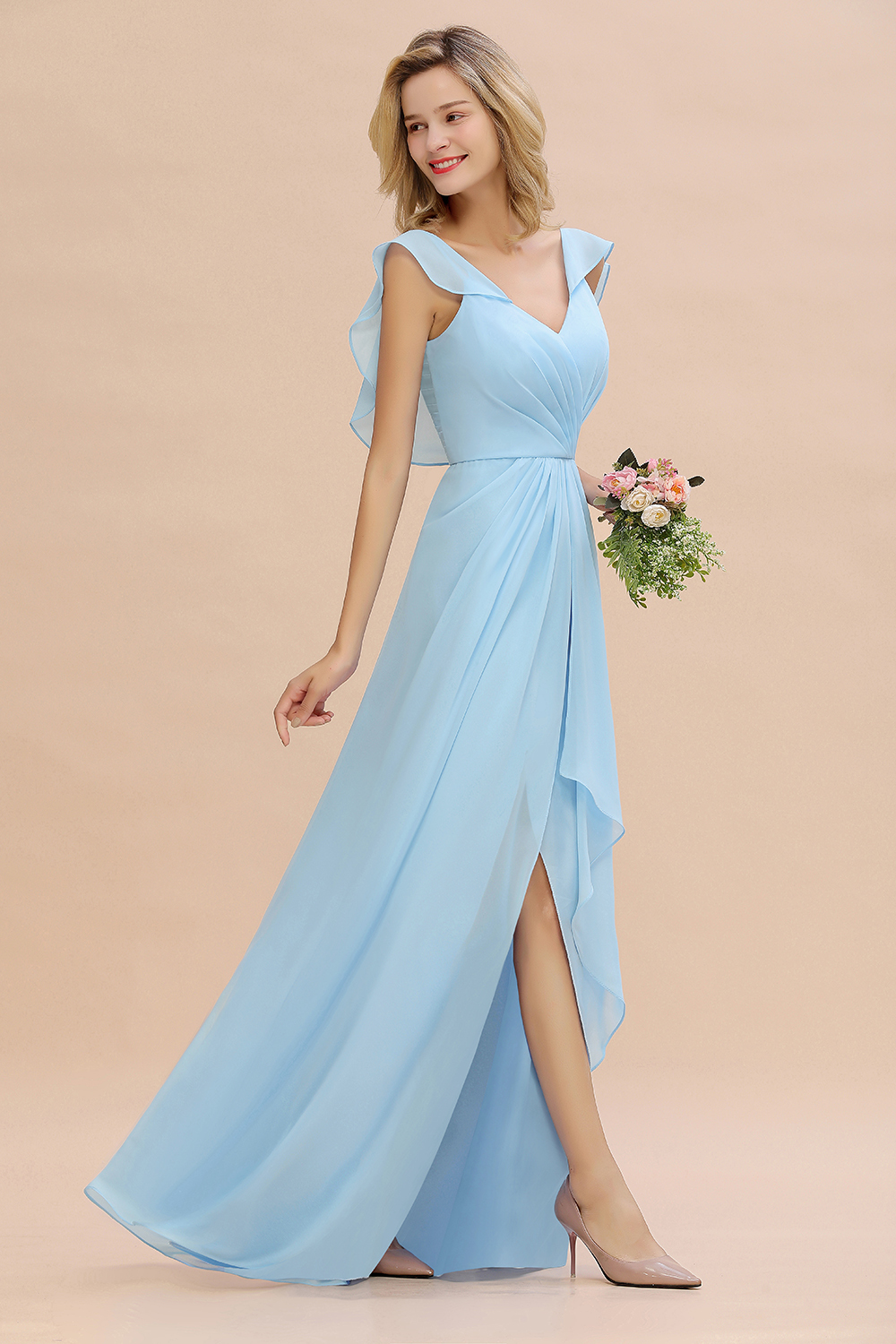 Simple High Low A-line V-Neck Ruffles Chiffon Sky Blue Bridesmaid Dress