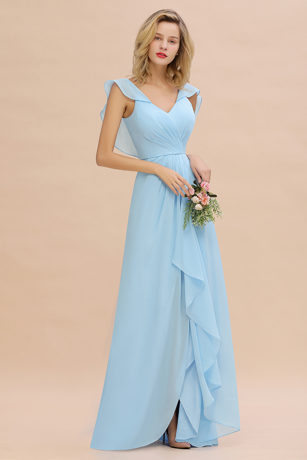 Simple High Low A-line V-Neck Ruffles Chiffon Sky Blue Bridesmaid Dress