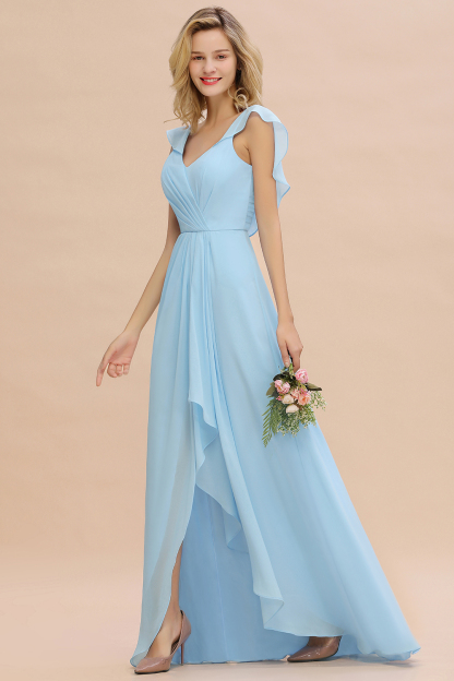 Simple High Low A-line V-Neck Ruffles Chiffon Sky Blue Bridesmaid Dress