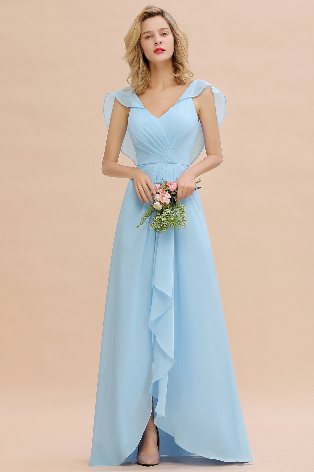 Simple High Low A-line V-Neck Ruffles Chiffon Sky Blue Bridesmaid Dress