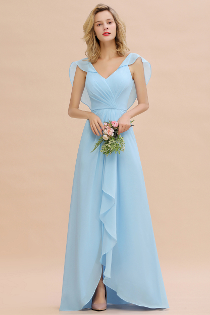 Simple High Low A-line V-Neck Ruffles Chiffon Sky Blue Bridesmaid Dress
