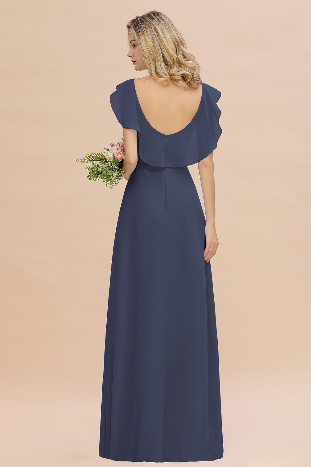 Simple High Low A-line V-Neck Ruffles Chiffon Stormy Bridesmaid Dress