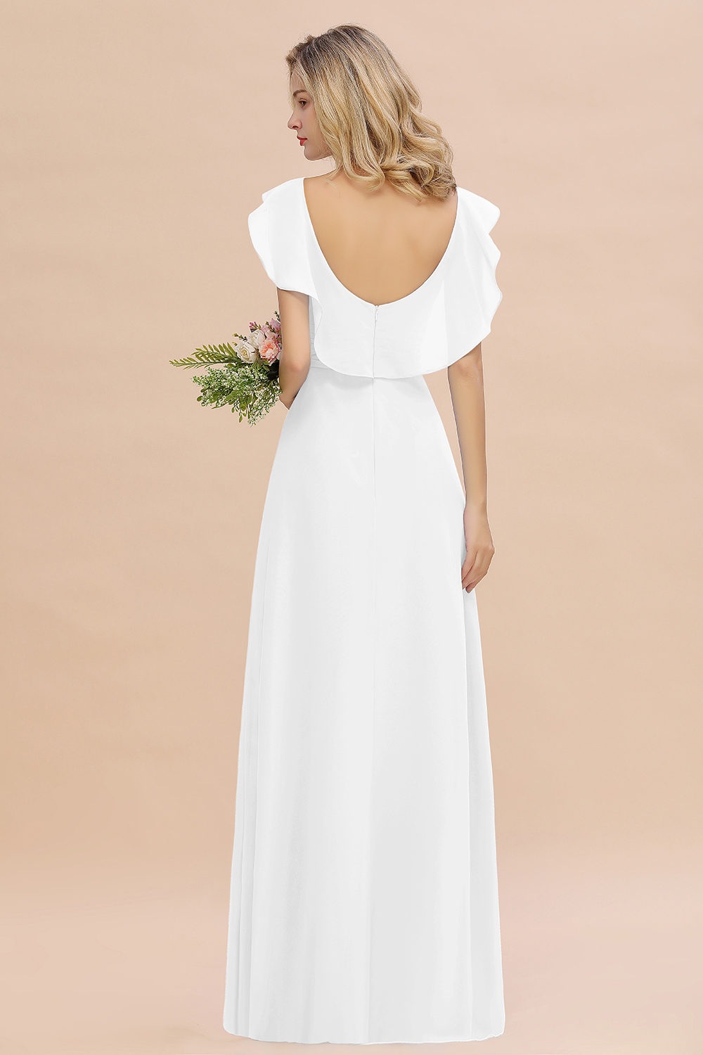Simple High Low A-line V-Neck Ruffles Chiffon White Bridesmaid Dress