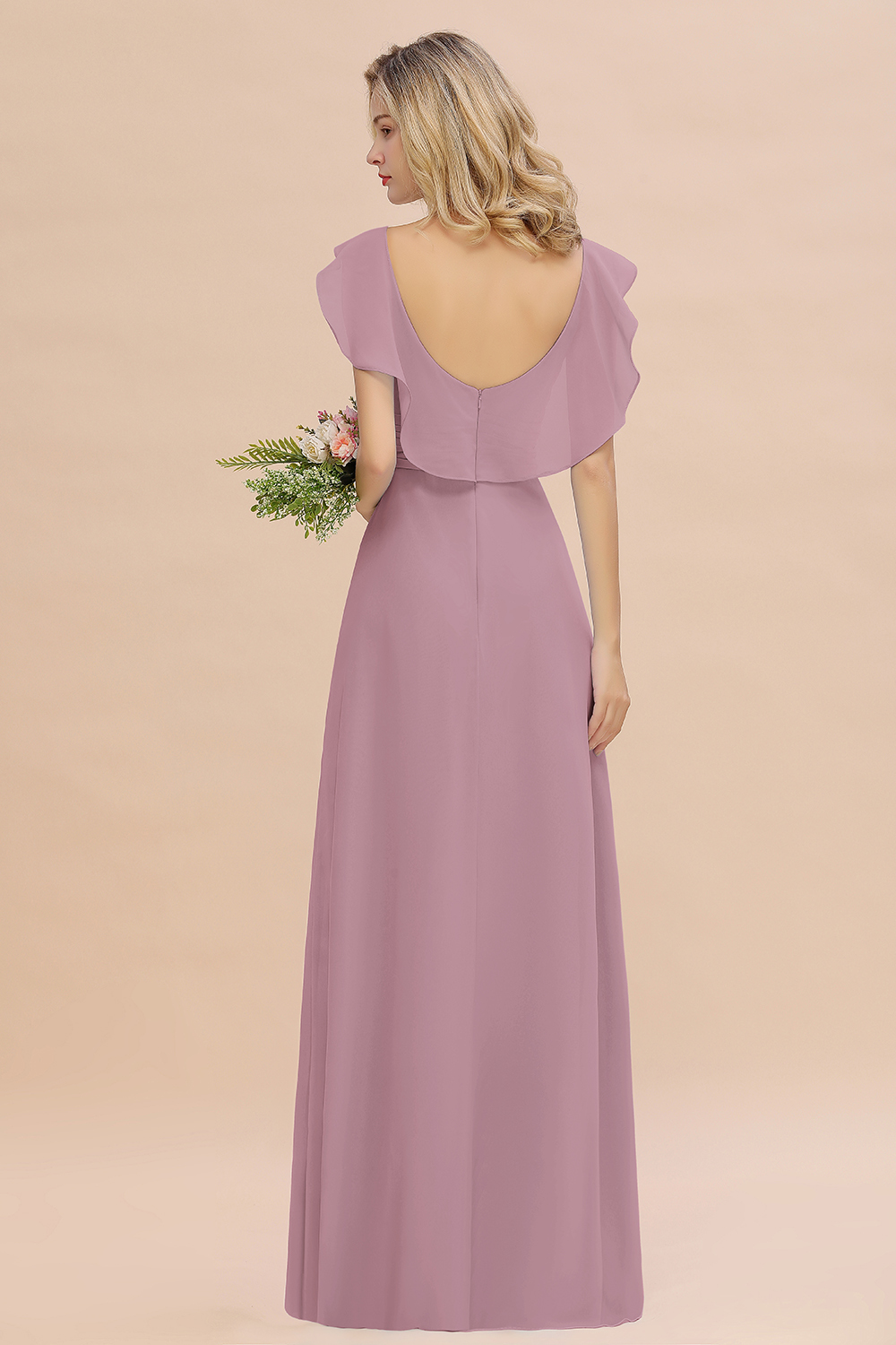 Simple High Low A-line V-Neck Ruffles Chiffon Wisteria Bridesmaid Dress