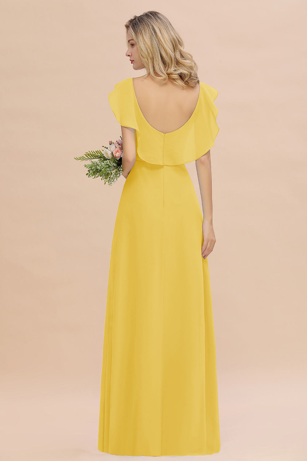 Simple High Low A-line V-Neck Ruffles Chiffon Yellow Bridesmaid Dress