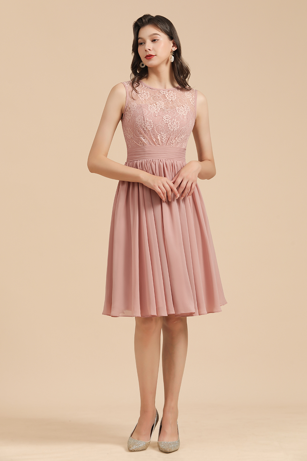 Simple Lace Straps Knee Length Short Bridesmaid Dress