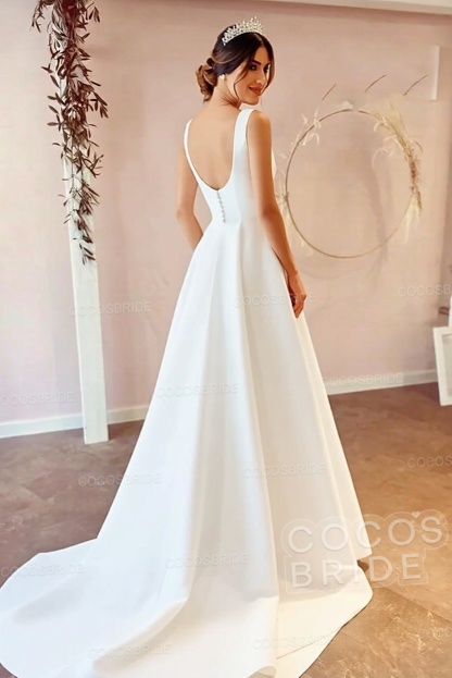 Simple Long A-Line Square Neck White Satin Backless Wedding Dress
