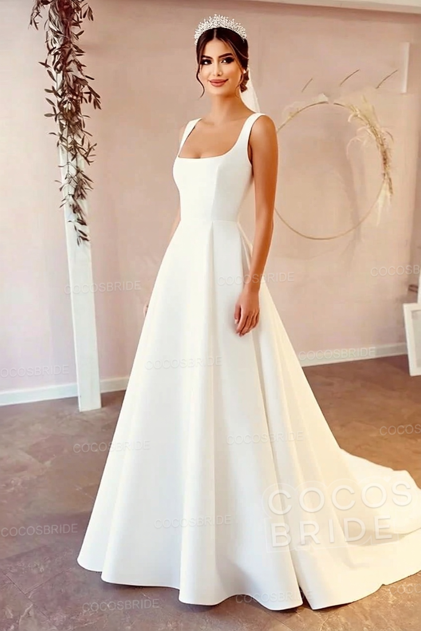 Simple Long A-Line Square Neck White Satin Backless Wedding Dress