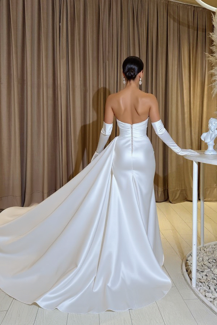 Simple Long Mermaid Strapless Satin Formal Prom Dresses with Slit