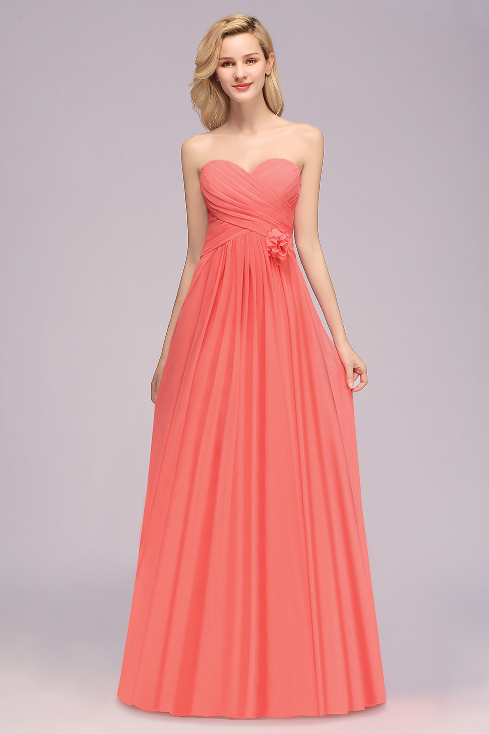 Simple Long Sweetheart Strapless Flower A-line Bridesmaid Dress