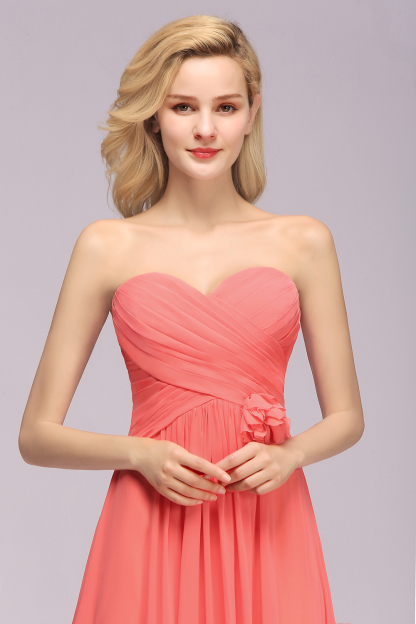 Simple Long Sweetheart Strapless Flower A-line Bridesmaid Dress