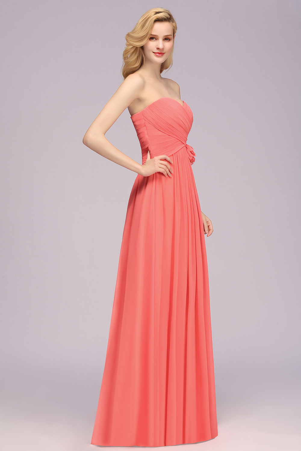 Simple Long Sweetheart Strapless Flower A-line Bridesmaid Dress
