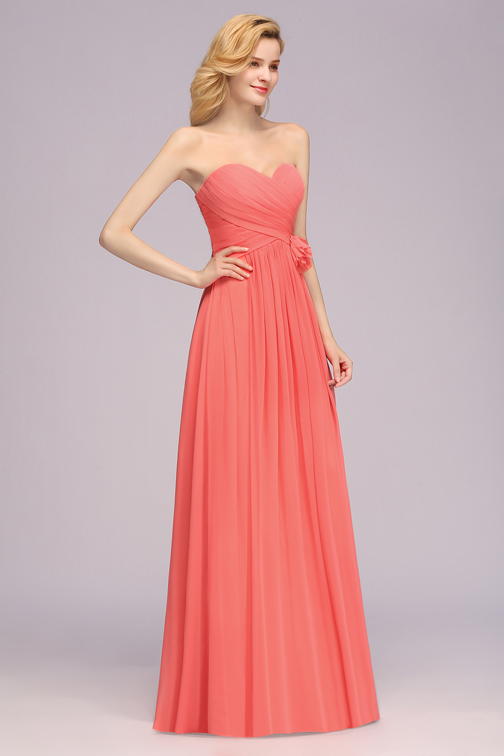 Simple Long Sweetheart Strapless Flower A-line Bridesmaid Dress