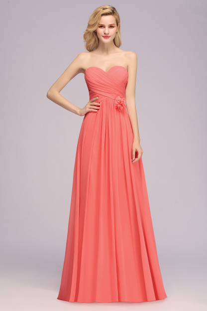 Simple Long Sweetheart Strapless Flower A-line Bridesmaid Dress