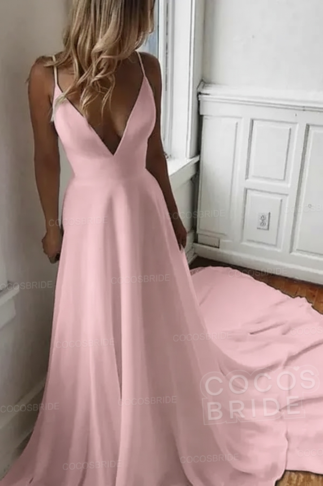 Simple Long V Neck Chiffon A Line Covered Button Boho Wedding Dresses