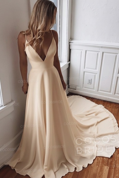 Simple Long V Neck Chiffon A Line Covered Button Boho Wedding Dresses