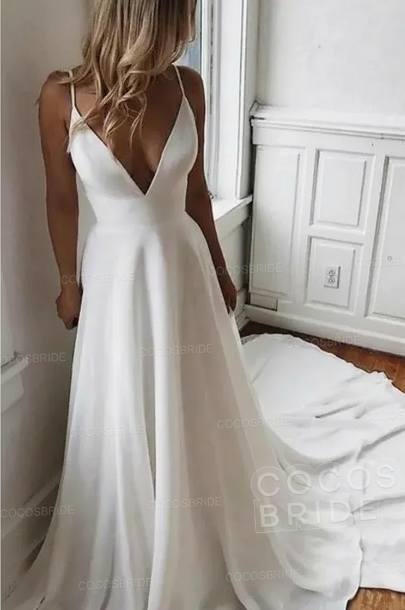 Simple Long V Neck Chiffon A Line Covered Button Boho Wedding Dresses