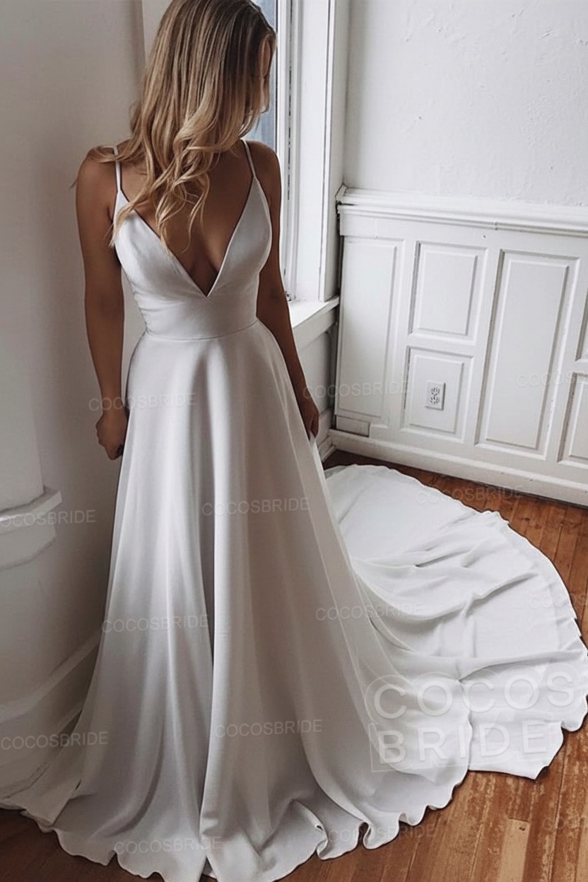 Simple Long V Neck Chiffon A Line Covered Button Boho Wedding Dresses