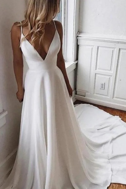 Simple Long V Neck Chiffon A Line Covered Button Boho Wedding Dresses