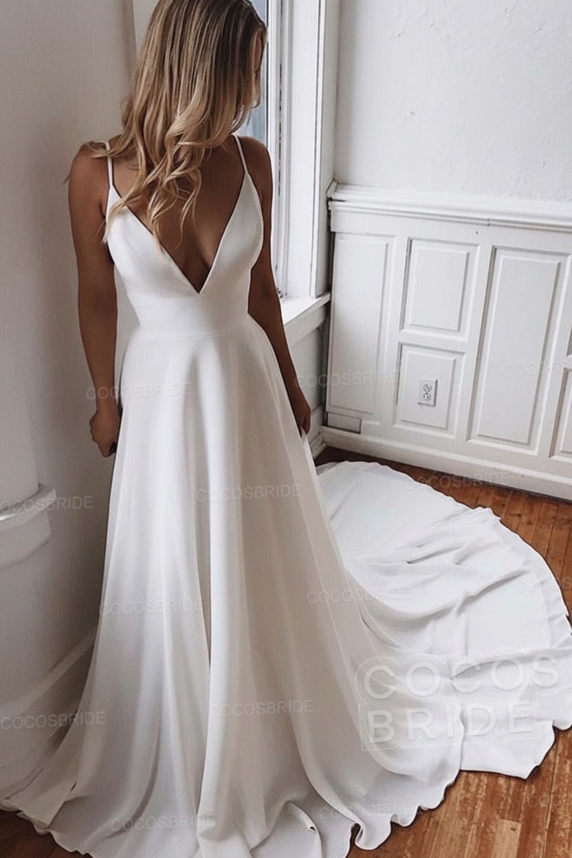 Simple Long V Neck Chiffon A Line Covered Button Boho Wedding Dresses