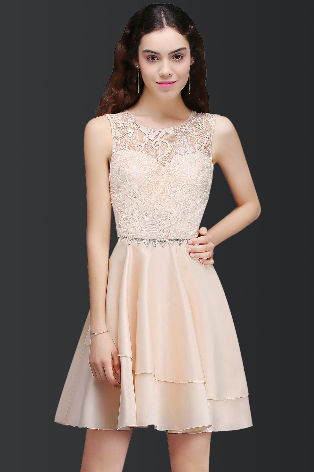 Simple Short Pink Lace Beads Open Back Bridesmaid Dresses