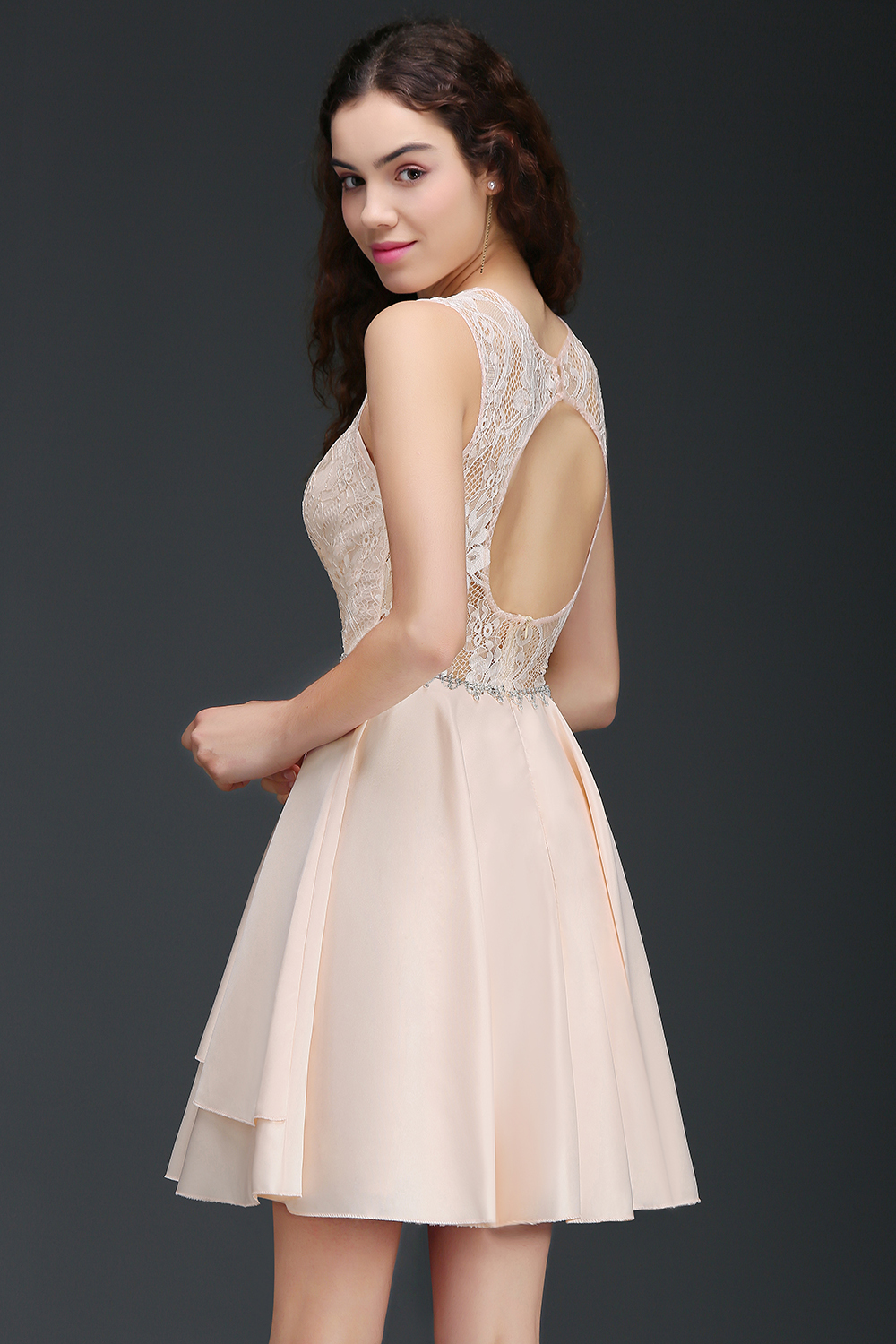 Simple Short Pink Lace Beads Open Back Bridesmaid Dresses