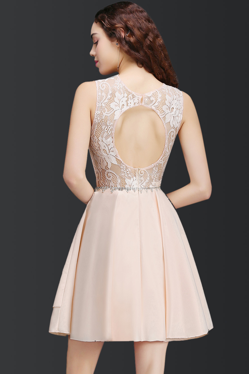 Simple Short Pink Lace Beads Open Back Bridesmaid Dresses