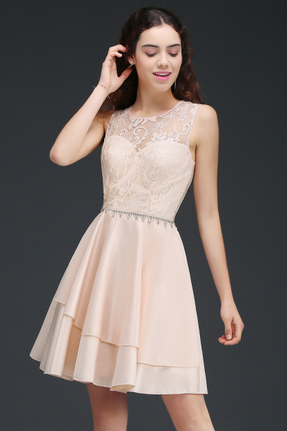 Simple Short Pink Lace Beads Open Back Bridesmaid Dresses