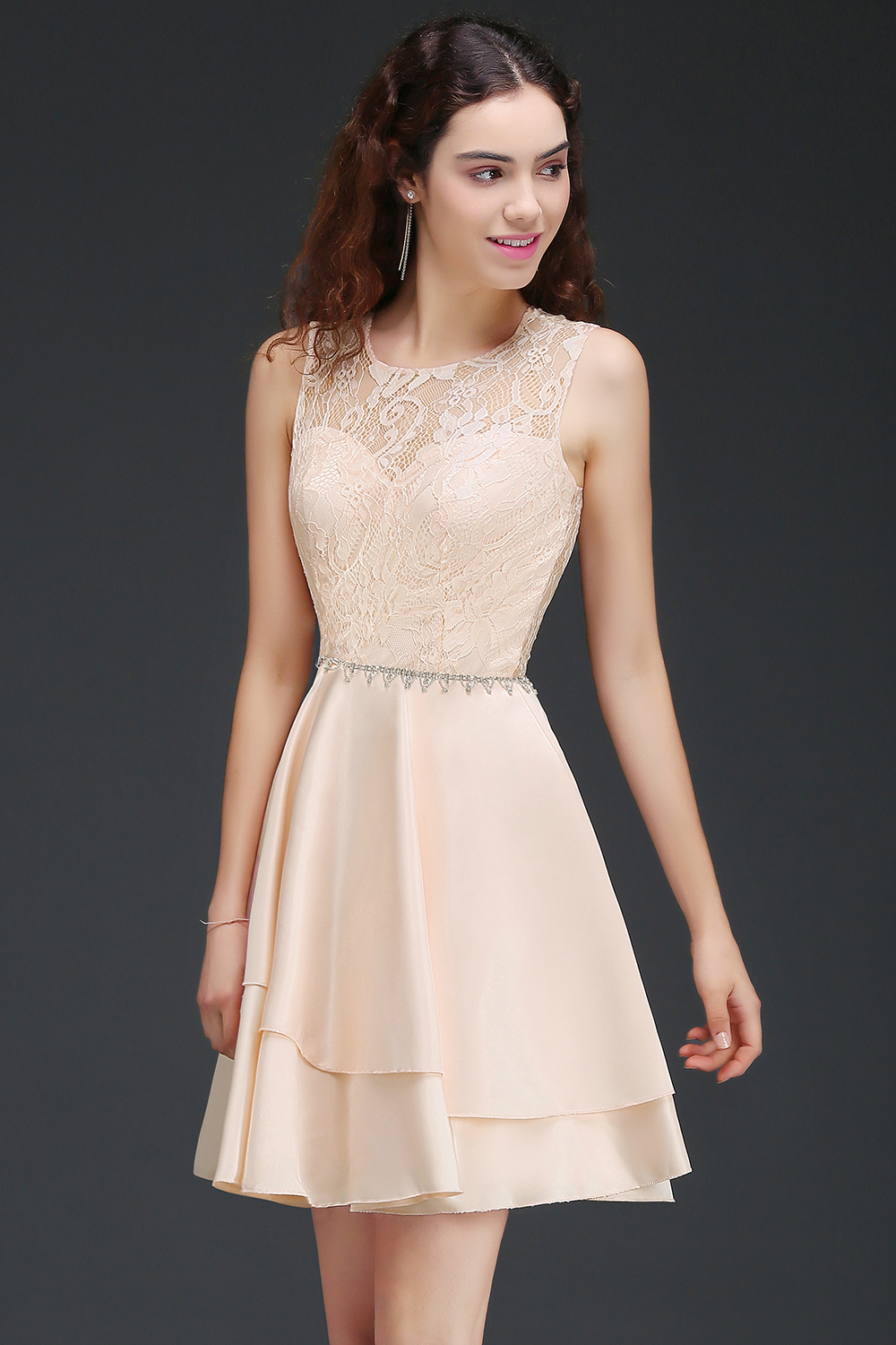 Simple Short Pink Lace Beads Open Back Bridesmaid Dresses