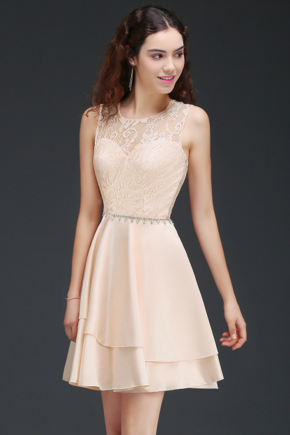 Simple Short Pink Lace Beads Open Back Bridesmaid Dresses