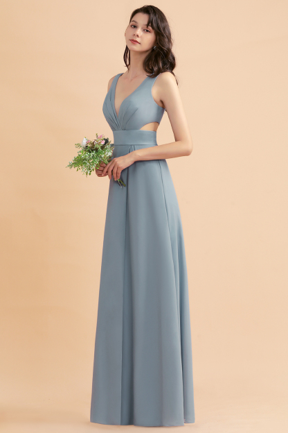 Simple V-neck A-Line Wide Straps Floor-length Chiffon Bridesmaid Dress With Side Slit