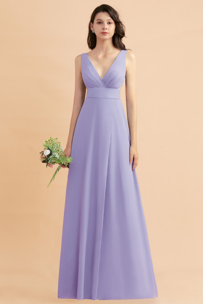 Simple V-neck A-Line Wide Straps Floor-length Chiffon Bridesmaid Dress With Side Slit