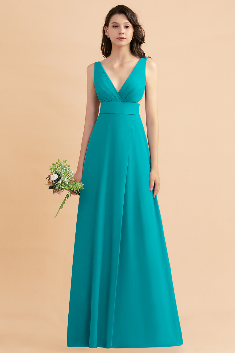 Simple V-neck A-Line Wide Straps Floor-length Chiffon Bridesmaid Dress With Side Slit