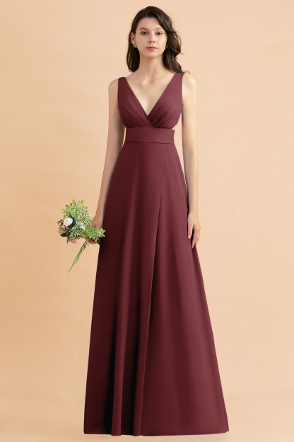 Simple V-neck A-Line Wide Straps Floor-length Chiffon Bridesmaid Dress With Side Slit