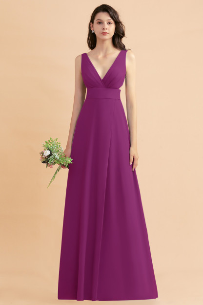 Simple V-neck A-Line Wide Straps Floor-length Chiffon Bridesmaid Dress With Side Slit