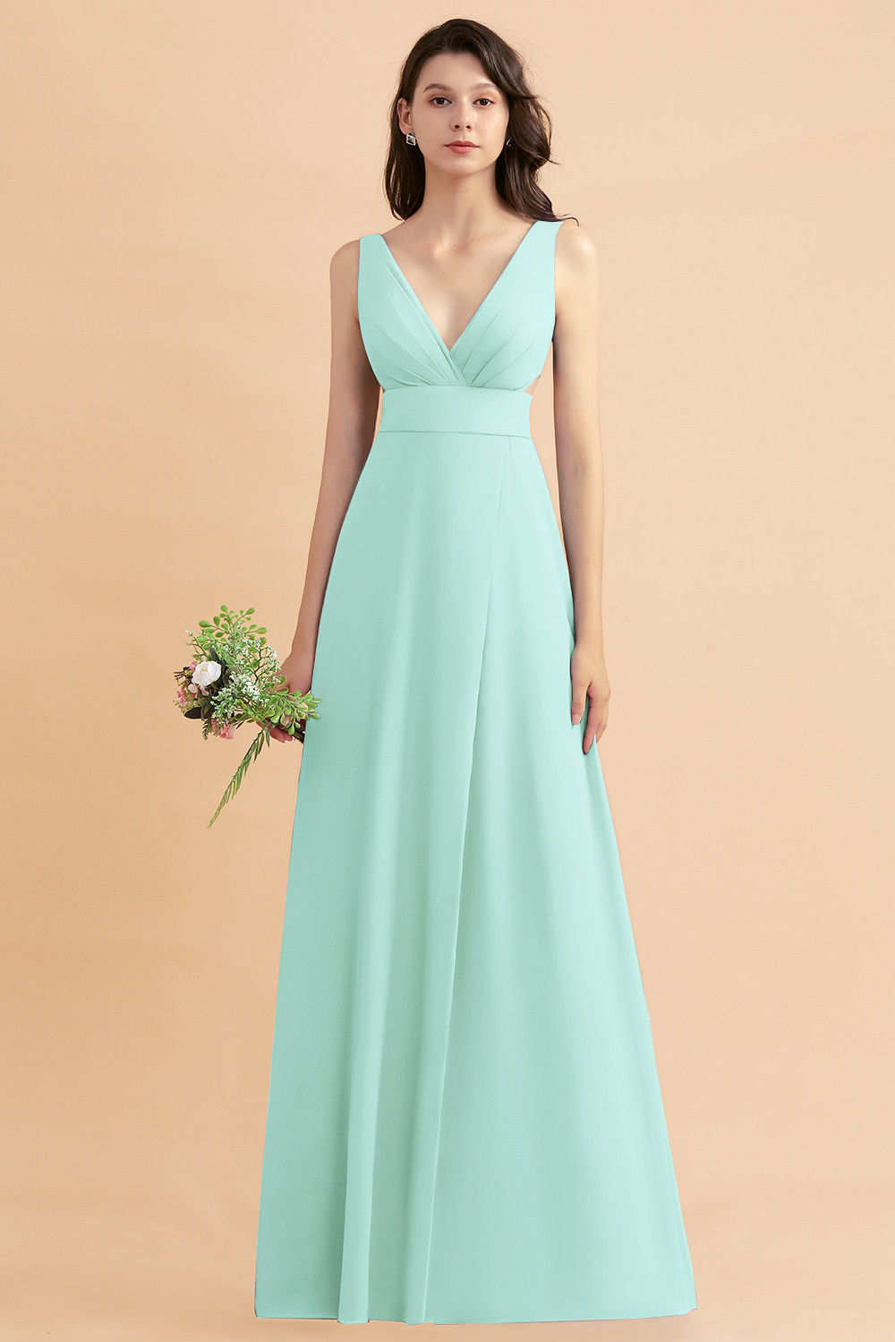 Simple V-neck A-Line Wide Straps Floor-length Chiffon Bridesmaid Dress With Side Slit