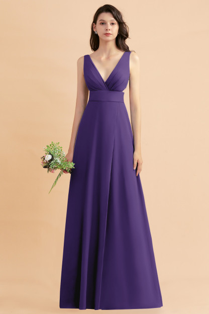 Simple V-neck A-Line Wide Straps Floor-length Chiffon Bridesmaid Dress With Side Slit