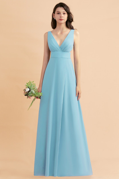 Simple V-neck A-Line Wide Straps Floor-length Chiffon Bridesmaid Dress With Side Slit
