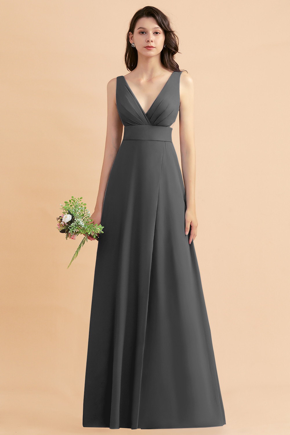 Simple V-neck A-Line Wide Straps Floor-length Chiffon Bridesmaid Dress With Side Slit