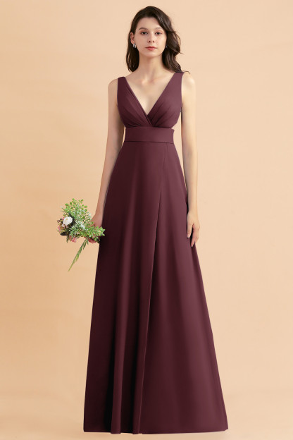 Simple V-neck A-Line Wide Straps Floor-length Chiffon Bridesmaid Dress With Side Slit