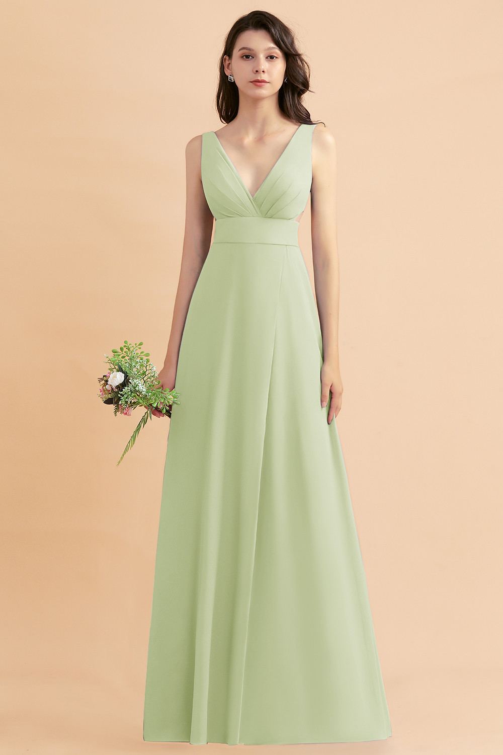 Simple V-neck A-Line Wide Straps Floor-length Chiffon Bridesmaid Dress With Side Slit