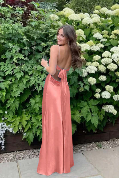 Cocosbride Simple Spaghetti Straps V-neck Sheath Satin Prom Dress